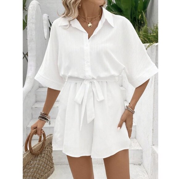 White Women's Summer Solid Color Shirt Romper /Jumpsuit beachy wedding vacay - Picture 2 of 4